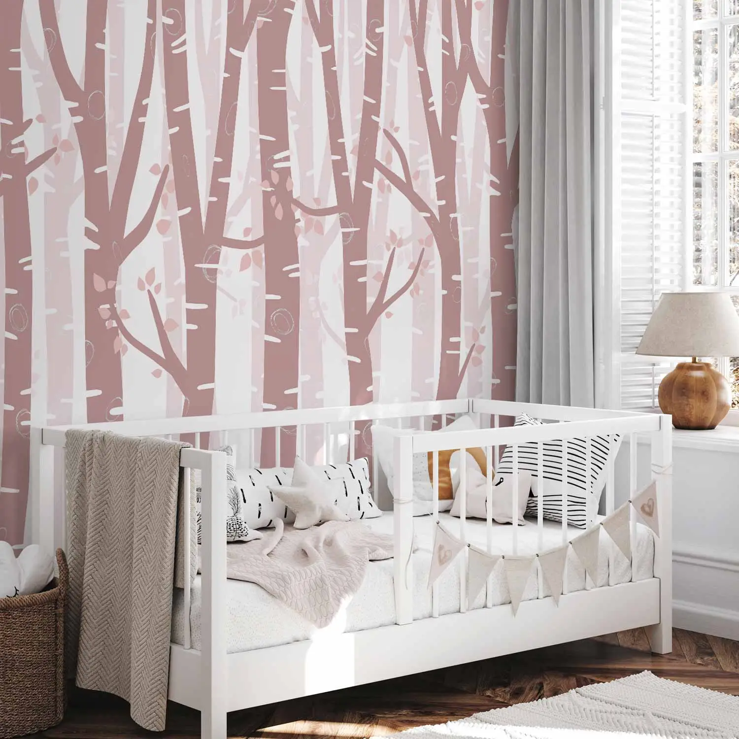 pink wallpaper with white trees