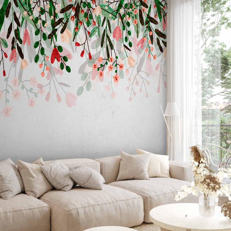 Wall Mural Vegetable meadow - nature motif with leaves and red flowers on concrete background
