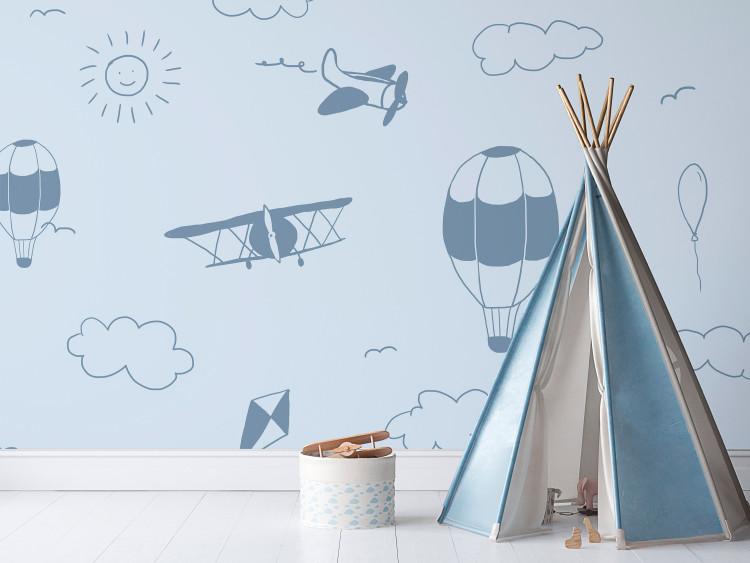 Wall Mural Sky Flight - Drawn Planes on the Background of a Blue Sky With Clouds