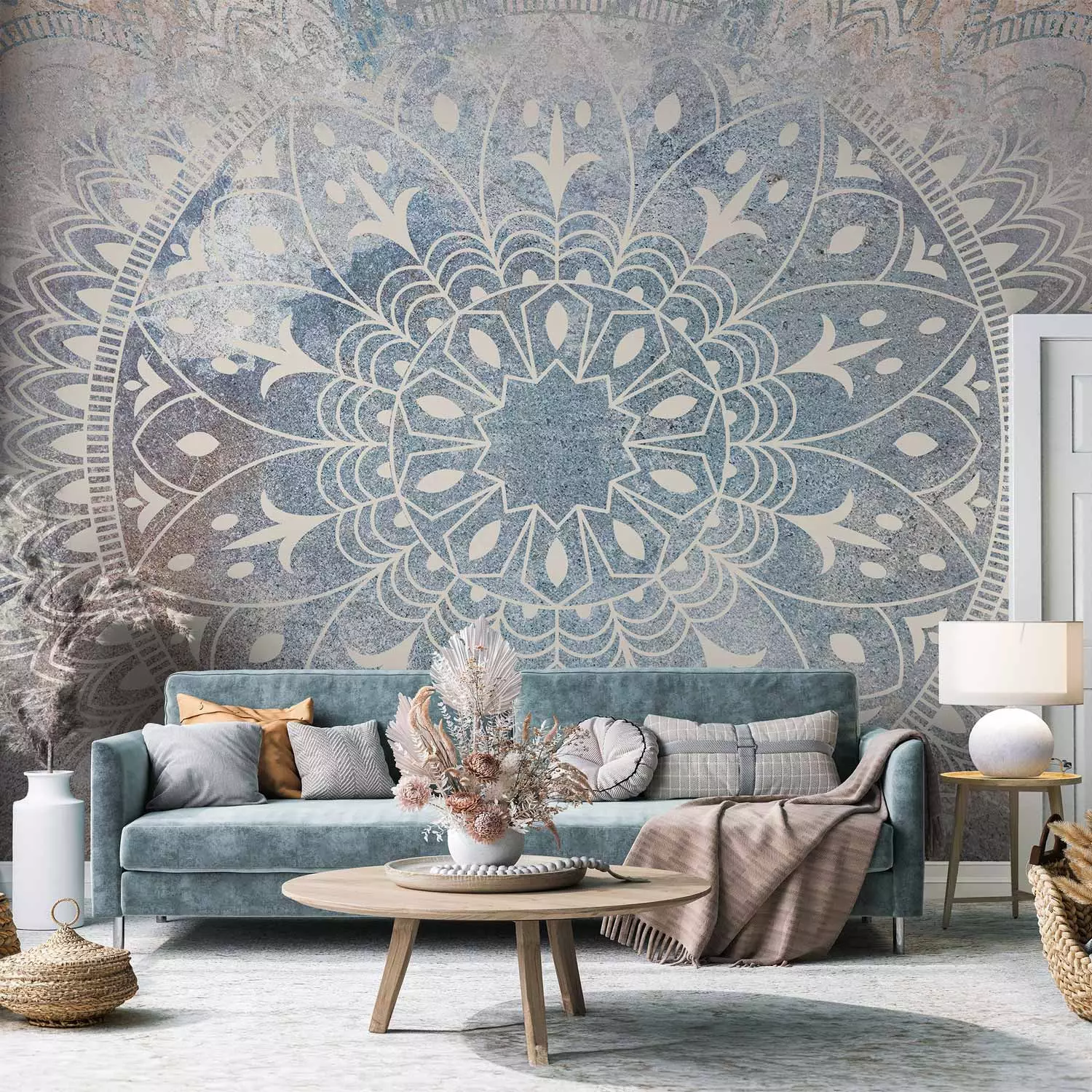 Photo Wallpaper Mandala - Bright Ornament in Cream Color on a Blue Background