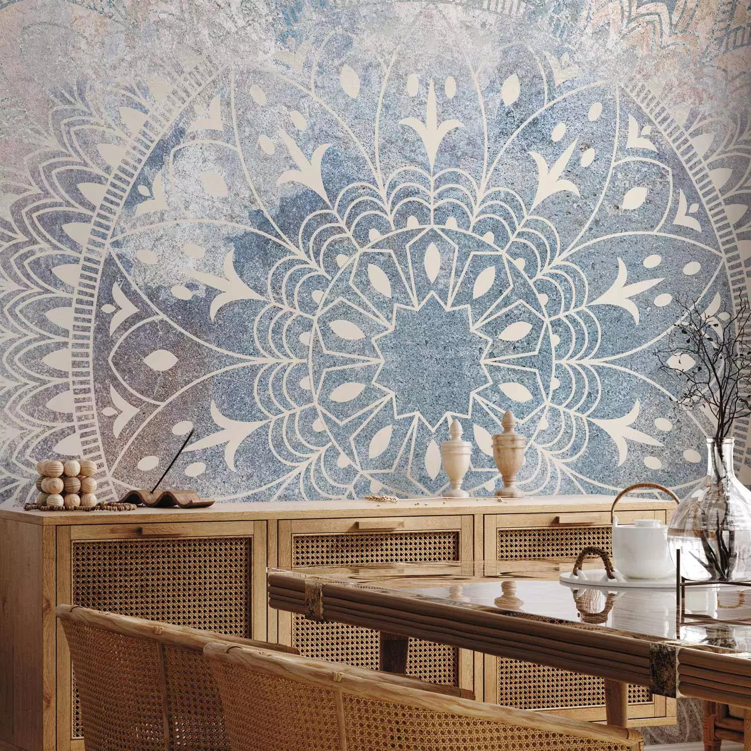 Photo Wallpaper Mandala - Bright Ornament in Cream Color on a Blue Background