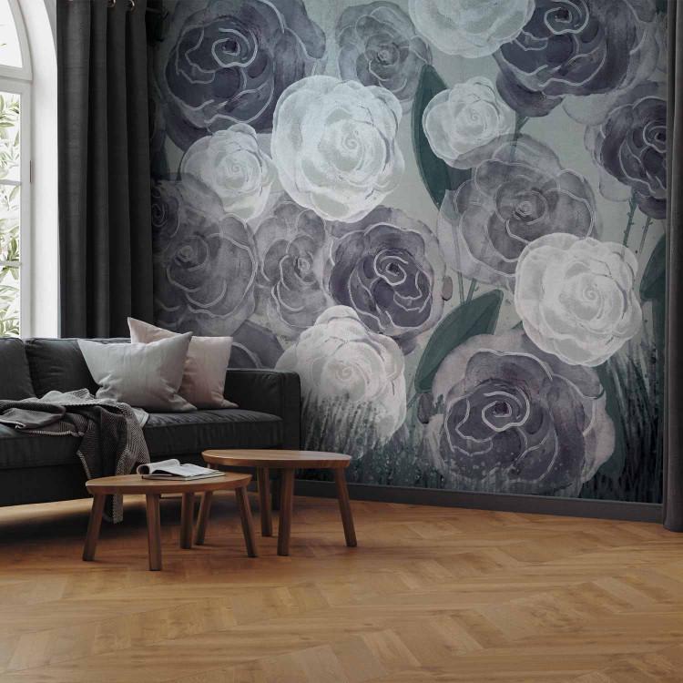 Wall Mural Dense Roses - Painted Large Flowers in Shades of Green and Purple