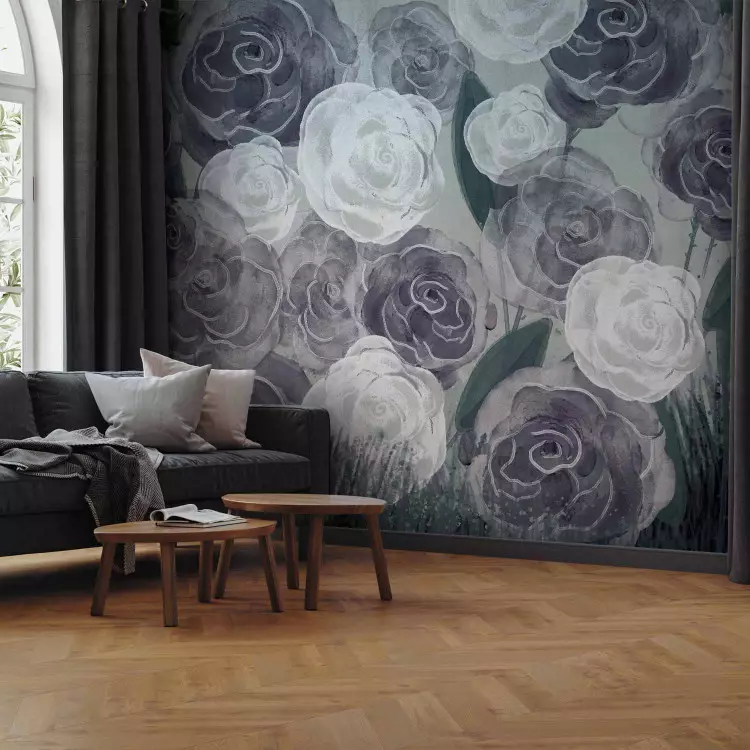 Wall Mural Dense Roses - Painted Large Flowers in Shades of Green and Purple