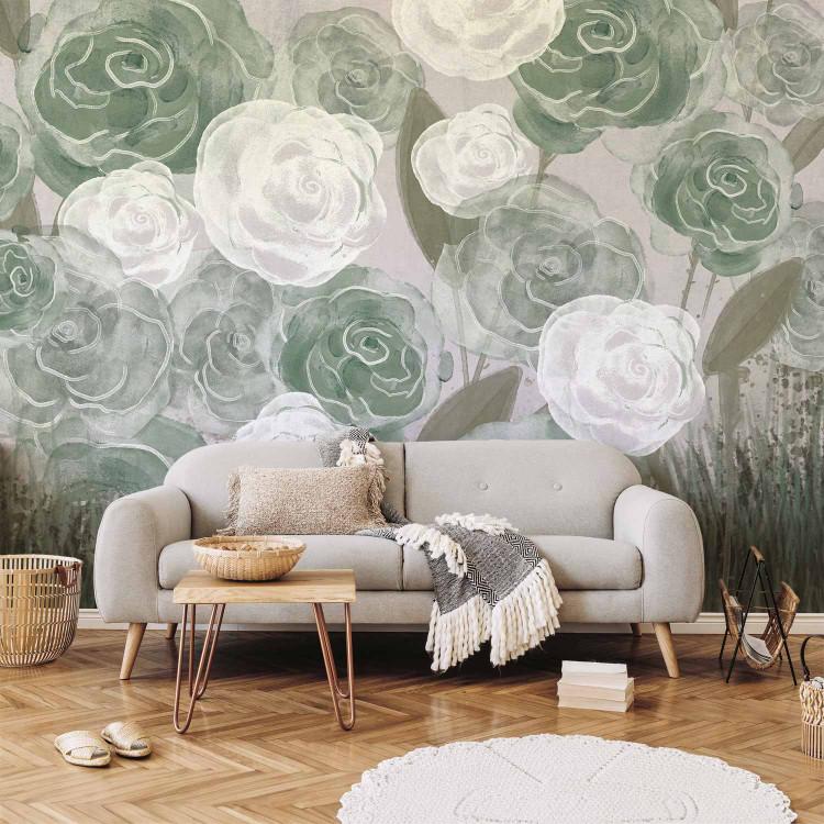 Wall Mural Dense Roses - Painted Large Flowers in Shades of Green on a Gray Background