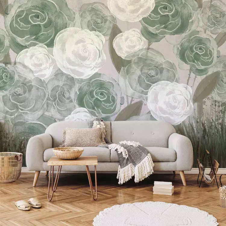 Wall Mural Dense Roses - Painted Large Flowers in Shades of Green on a Gray Background