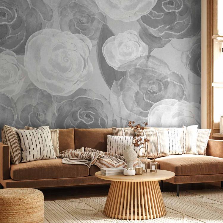 Wall Mural Dense Roses - Painted Large Flowers in Shades of Gray