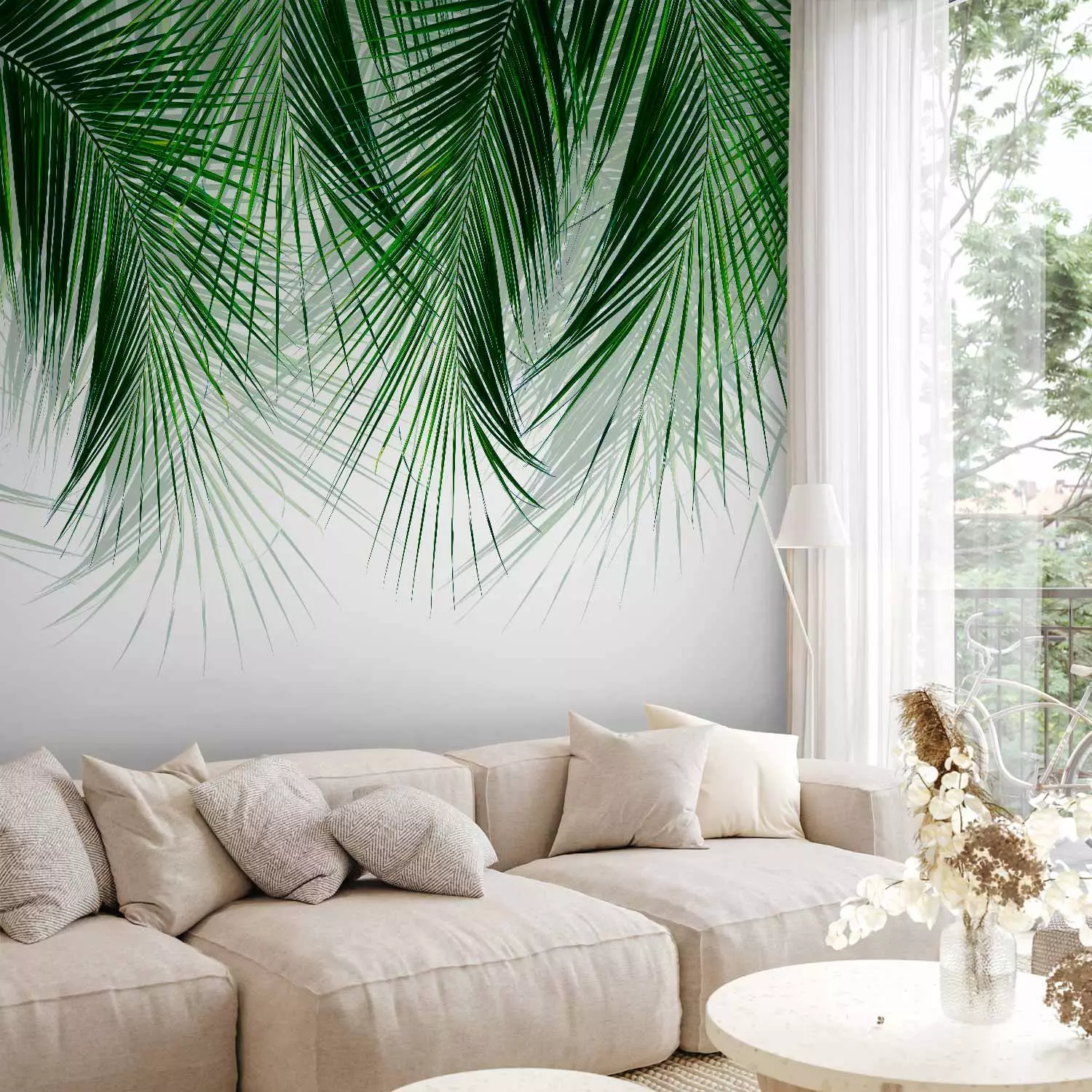 Photo Wallpaper Under a Tropical Plant - Branchy Palm Twigs With Green Leaves