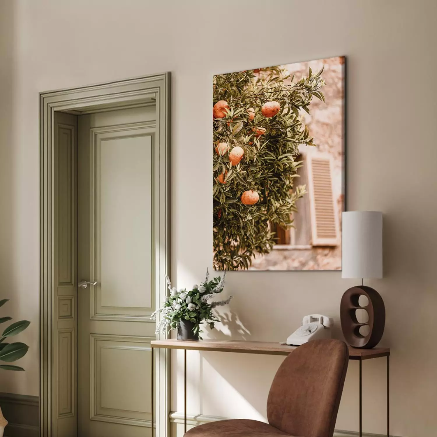 Canvas Urban Fruits - mandarin tree against a building backdrop