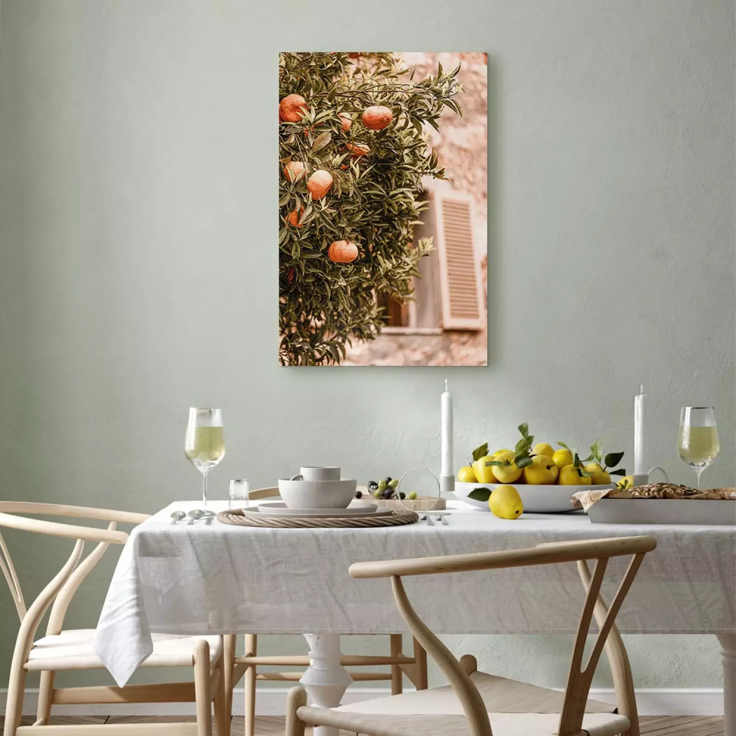 Canvas Urban Fruits - mandarin tree against a building backdrop