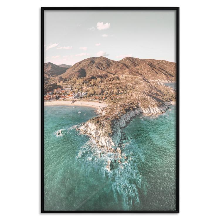 Poster Turquoise Cliff - Sunny Shore Landscape With Mountains, Beach and Sea