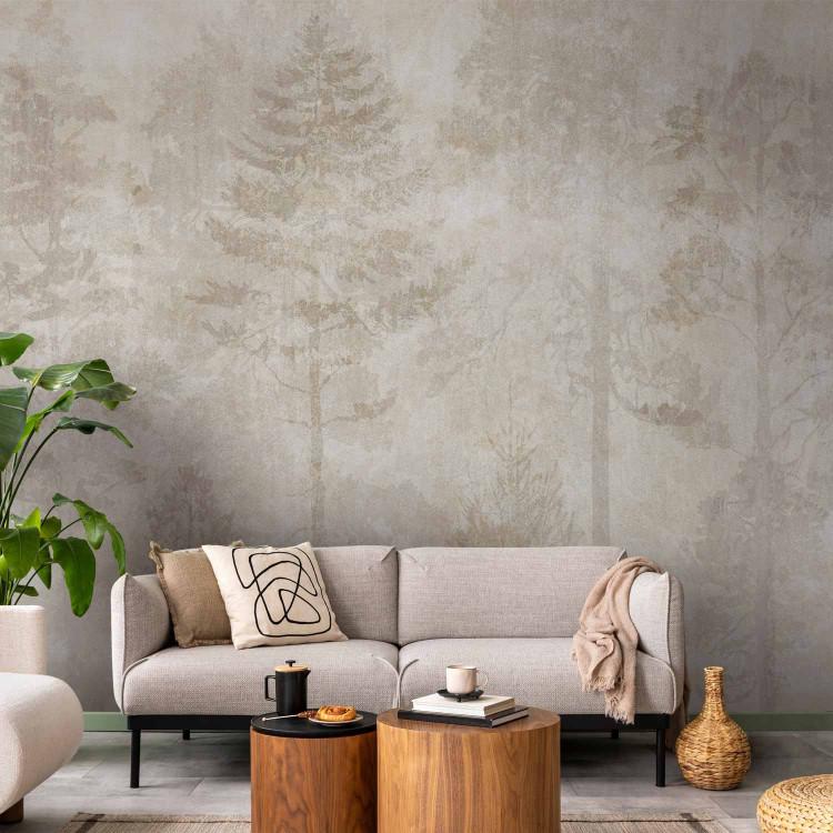 Wall Mural Sleepy Forest - Graphics With Trees on a Stone Beige and Cream Background