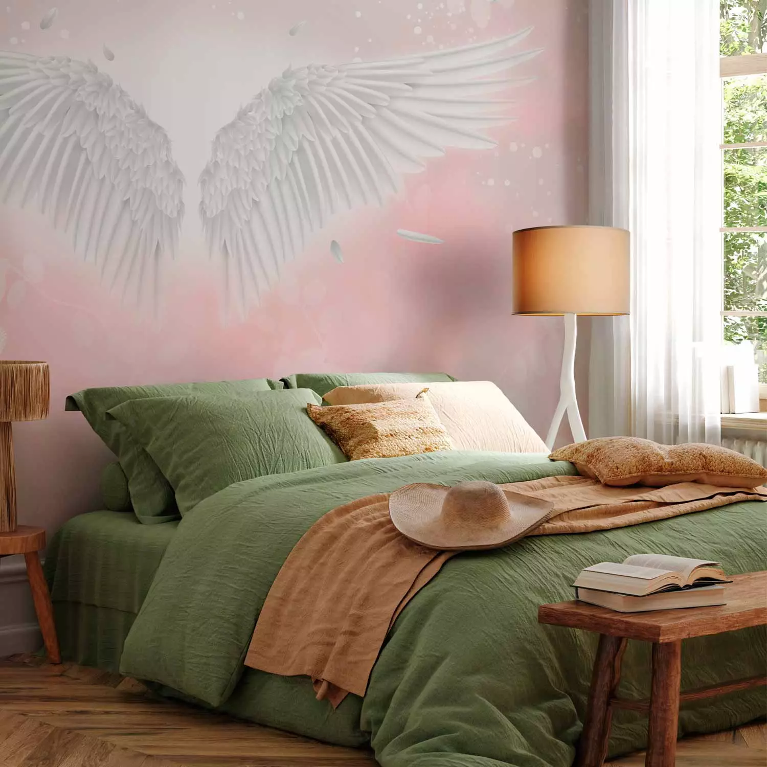 Wall Mural Angel Wings and Feathers - Heavenly Theme in Pink Clouds