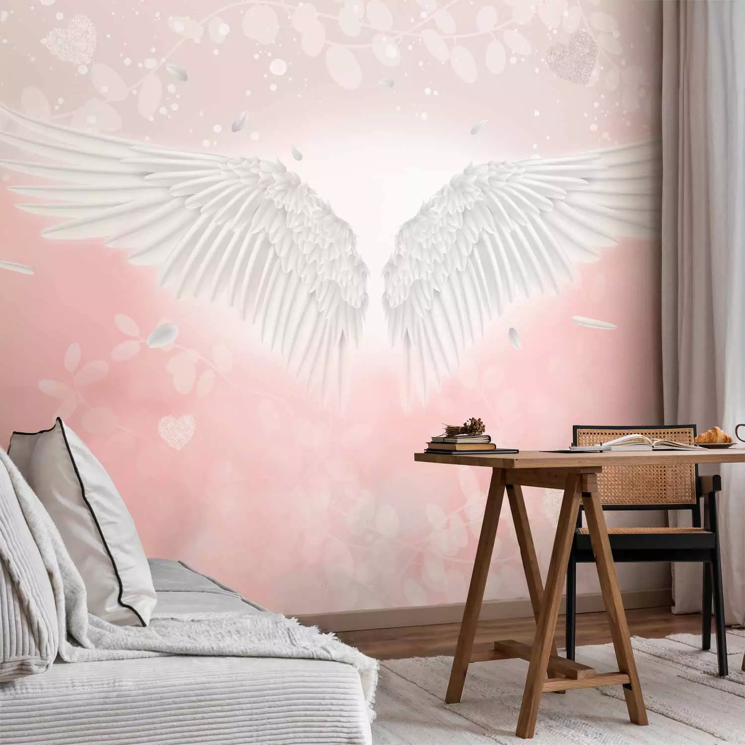 Wall Mural Angel Wings and Feathers - Heavenly Theme in Pink Clouds