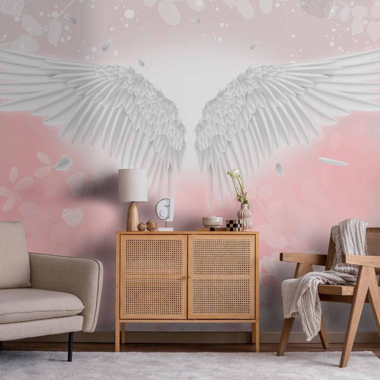 Wall Mural Angel Wings and Feathers - Heavenly Theme in Pink Clouds