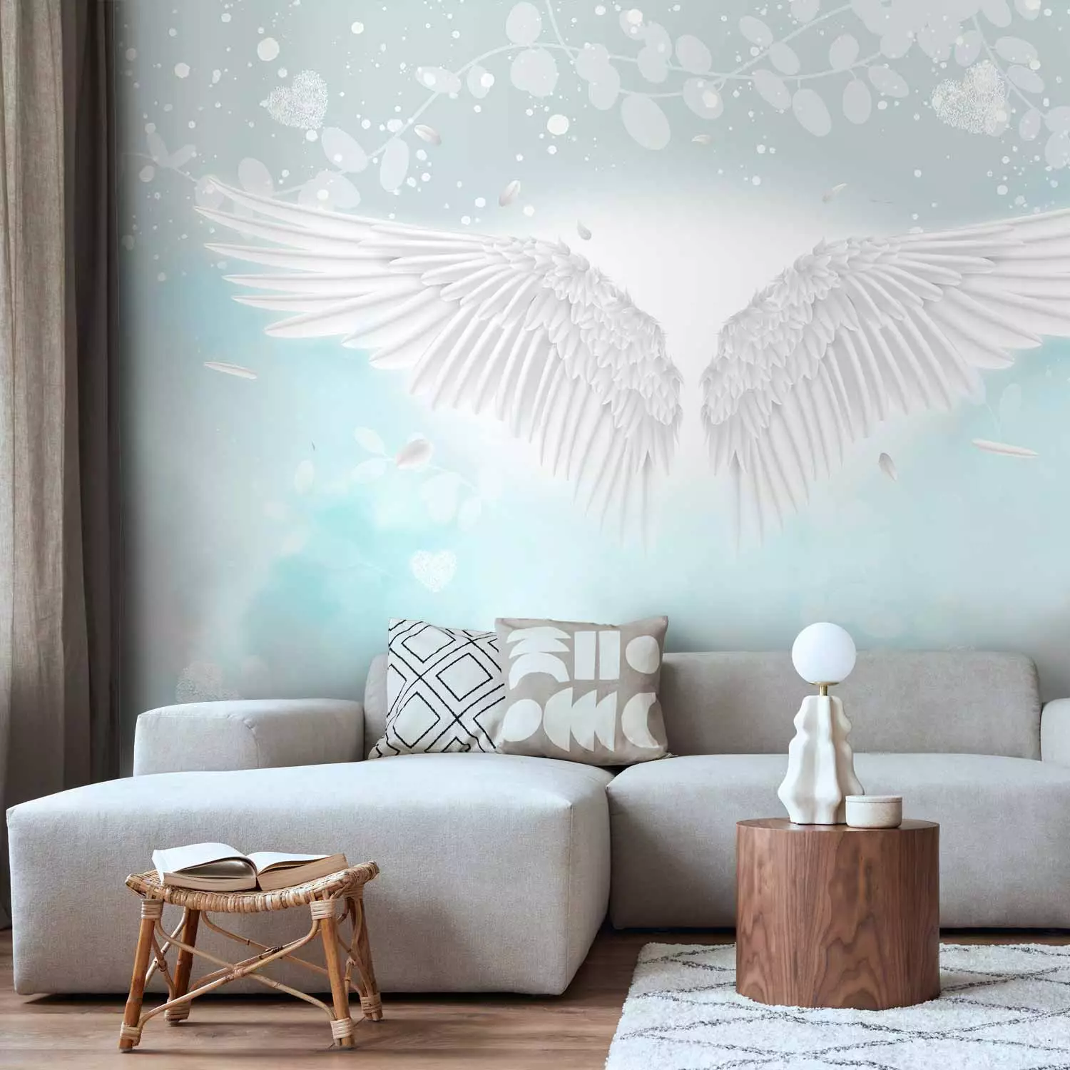 Wall Mural Angel Wings and Feathers - Heavenly Theme in Blue Clouds - bimago