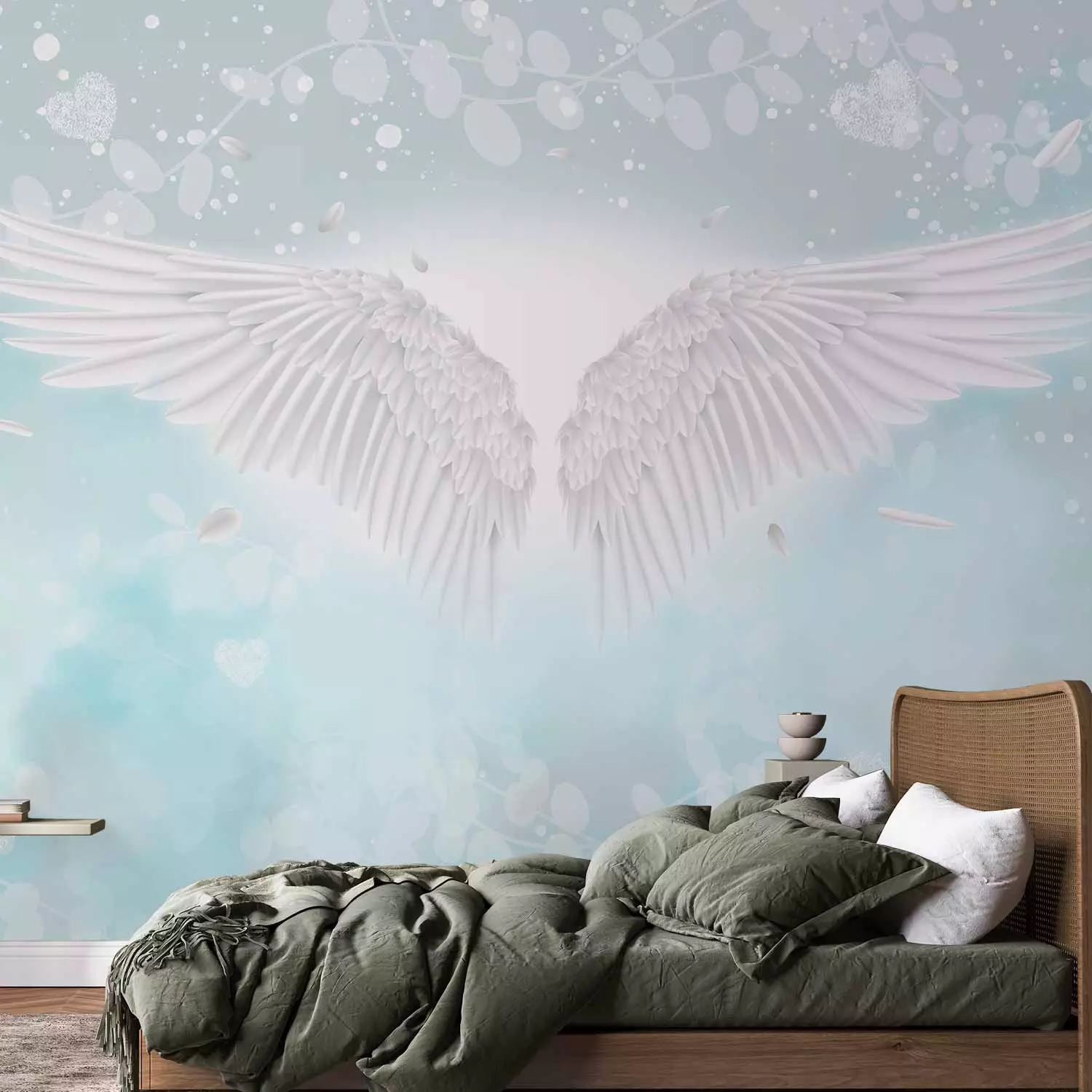 Photo Wallpaper Angel Wings and Feathers - Heavenly Theme in Blue Clouds