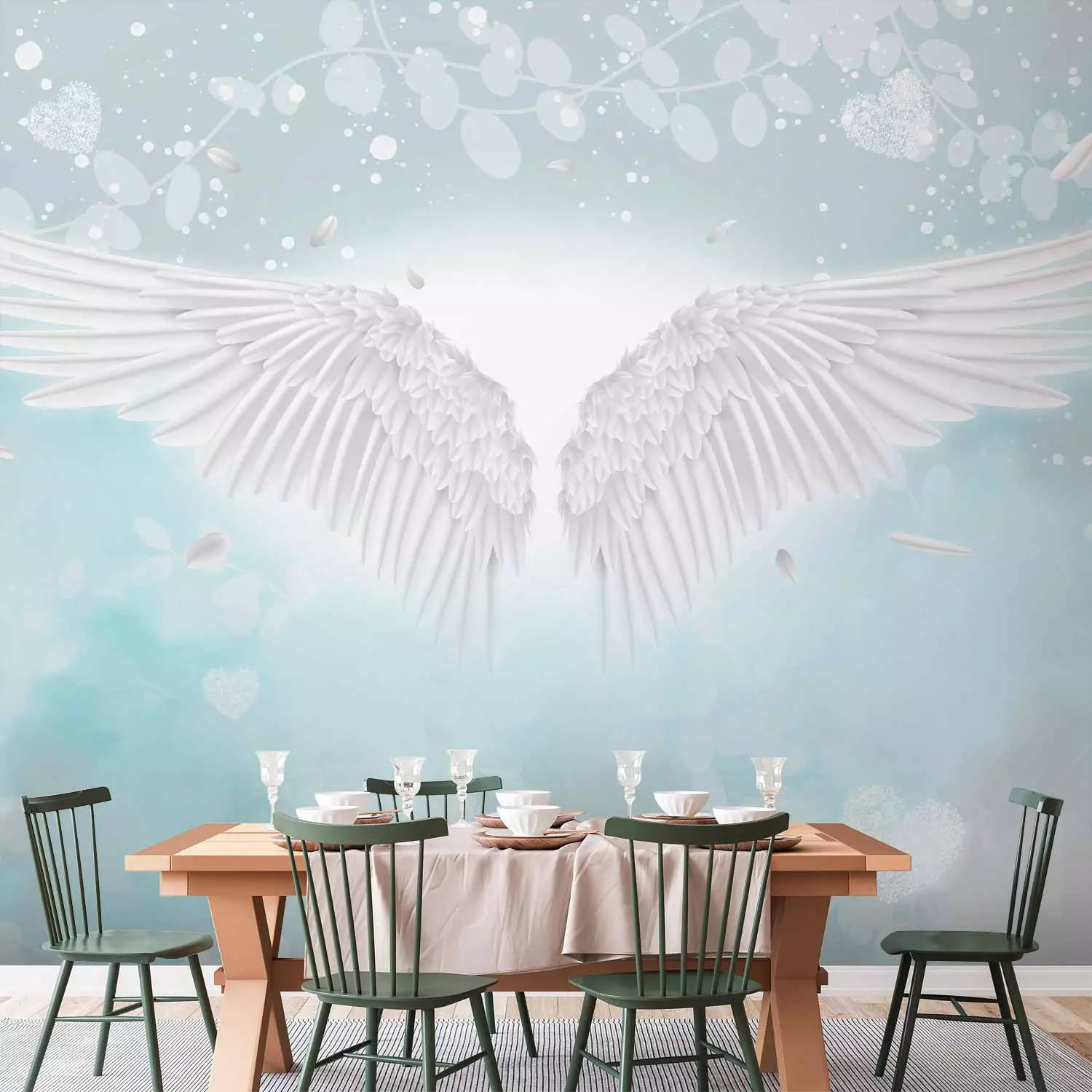 Photo Wallpaper Angel Wings and Feathers - Heavenly Theme in Blue Clouds