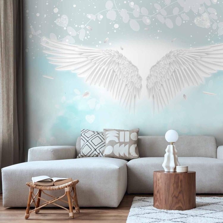 Wall Mural Angel Wings and Feathers - Heavenly Theme in Blue Clouds
