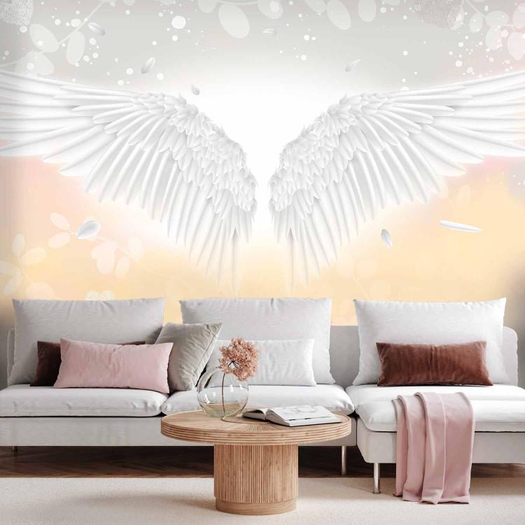 Wall Mural Angel Wings and Feathers - Heavenly Theme in Pink and Yellow Clouds