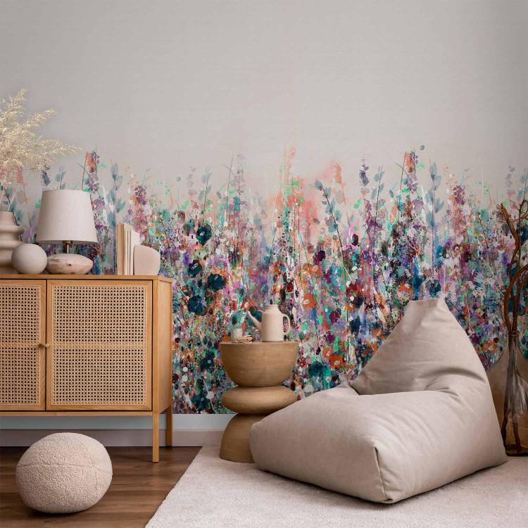 Wall Mural Orange Meadow - Painted Landscape of Wild Flowers in the Style of a Boho
