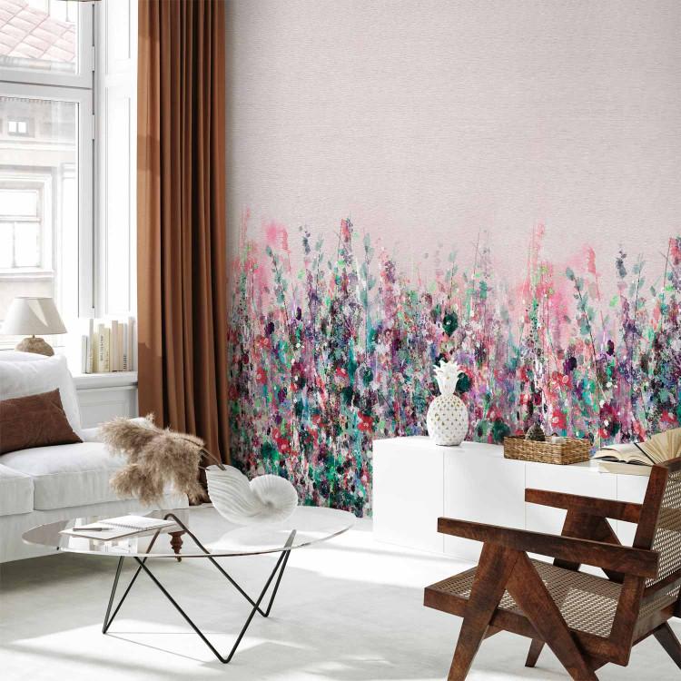 Wall Mural Pink Meadow - Painted Landscape of Wild Flowers in the Style of a Boho