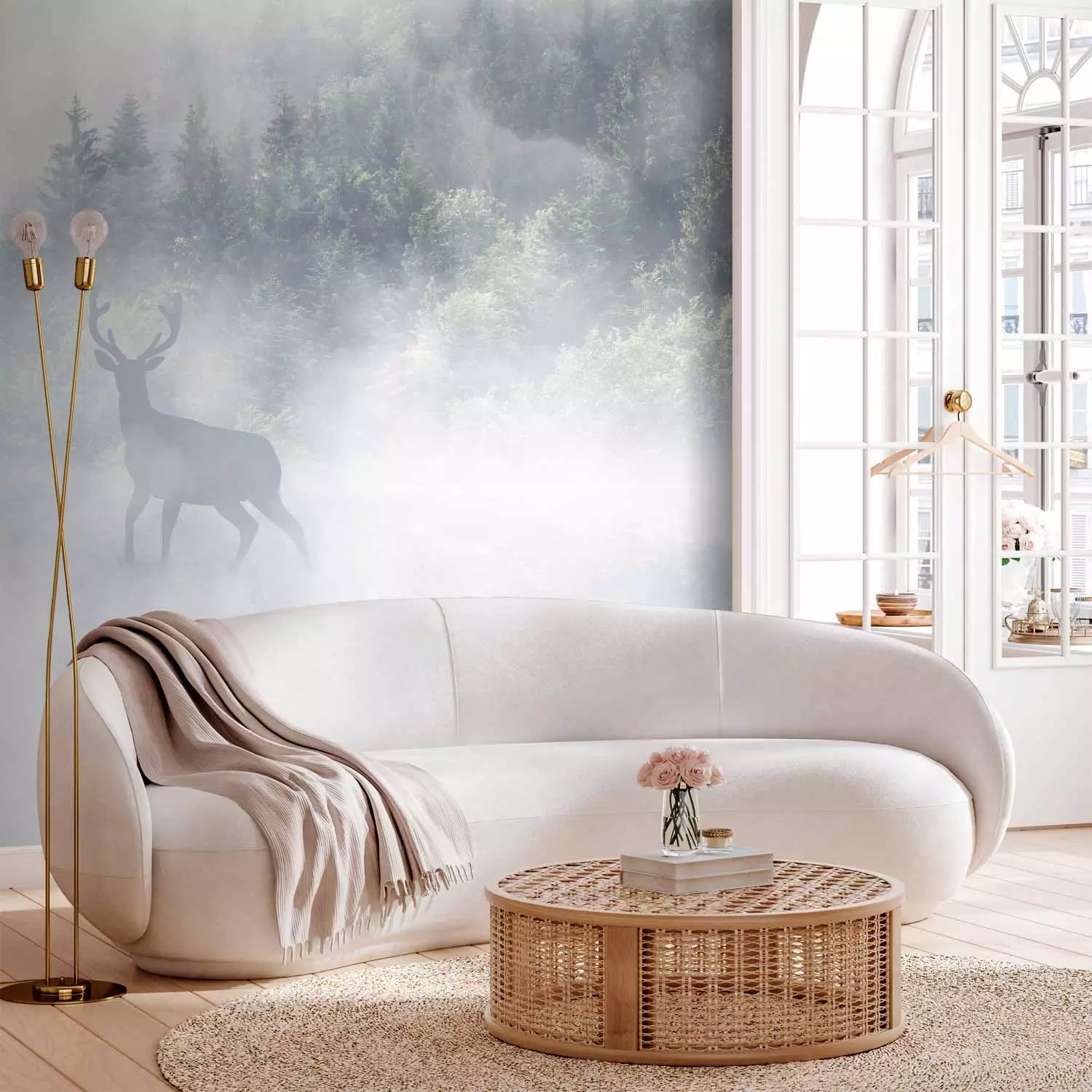 Wall Mural Roe Deer and Deer in the Fog - Animals Against the Background of a Forest Lake and Mountains