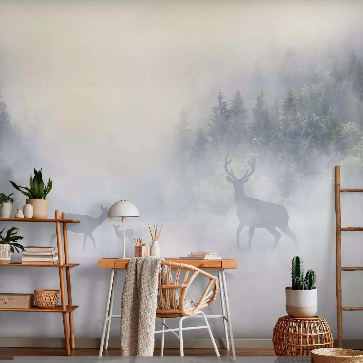 Wall Mural Roe Deer and Deer in the Fog - Animals Against the Background of a Forest Lake and Mountains