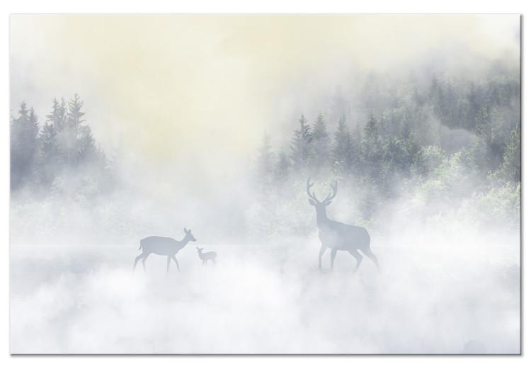 Canvas Deer and Stag in the Mist (1-piece) - animals against the backdrop of a lake and forest