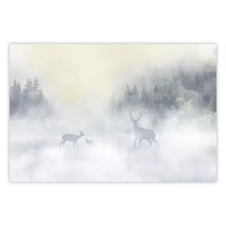 Poster Roe Deer and Deer in the Fog - Animals Against the Background of Forests, Lake and Mountains