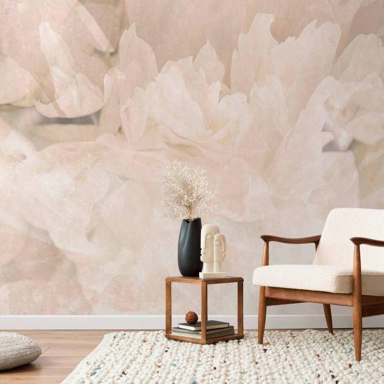Wall Mural Creamy Peony Petals - Delicate Flower Interior in Light Sepia