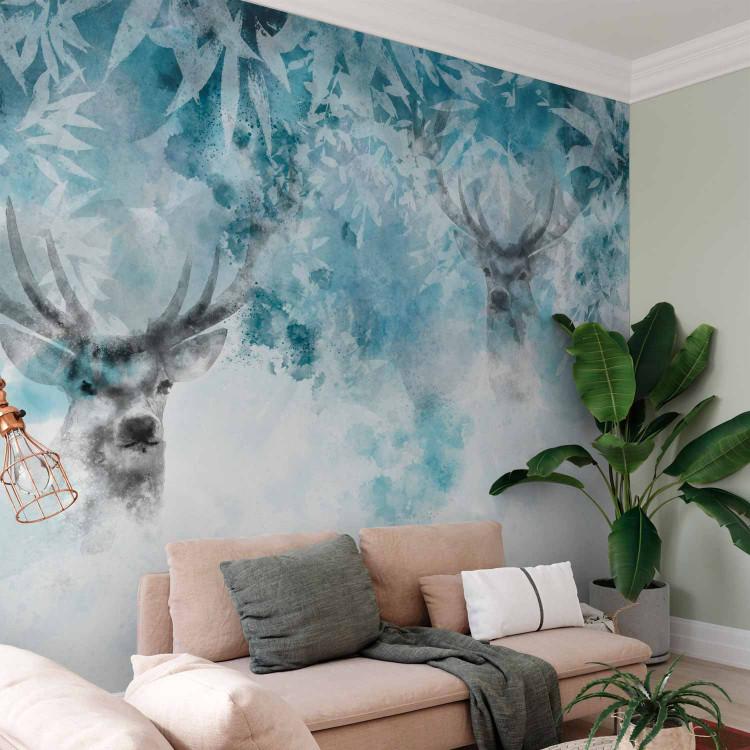 Wall Mural Deer in the Fog - Watercolor Animals on a Blue Background