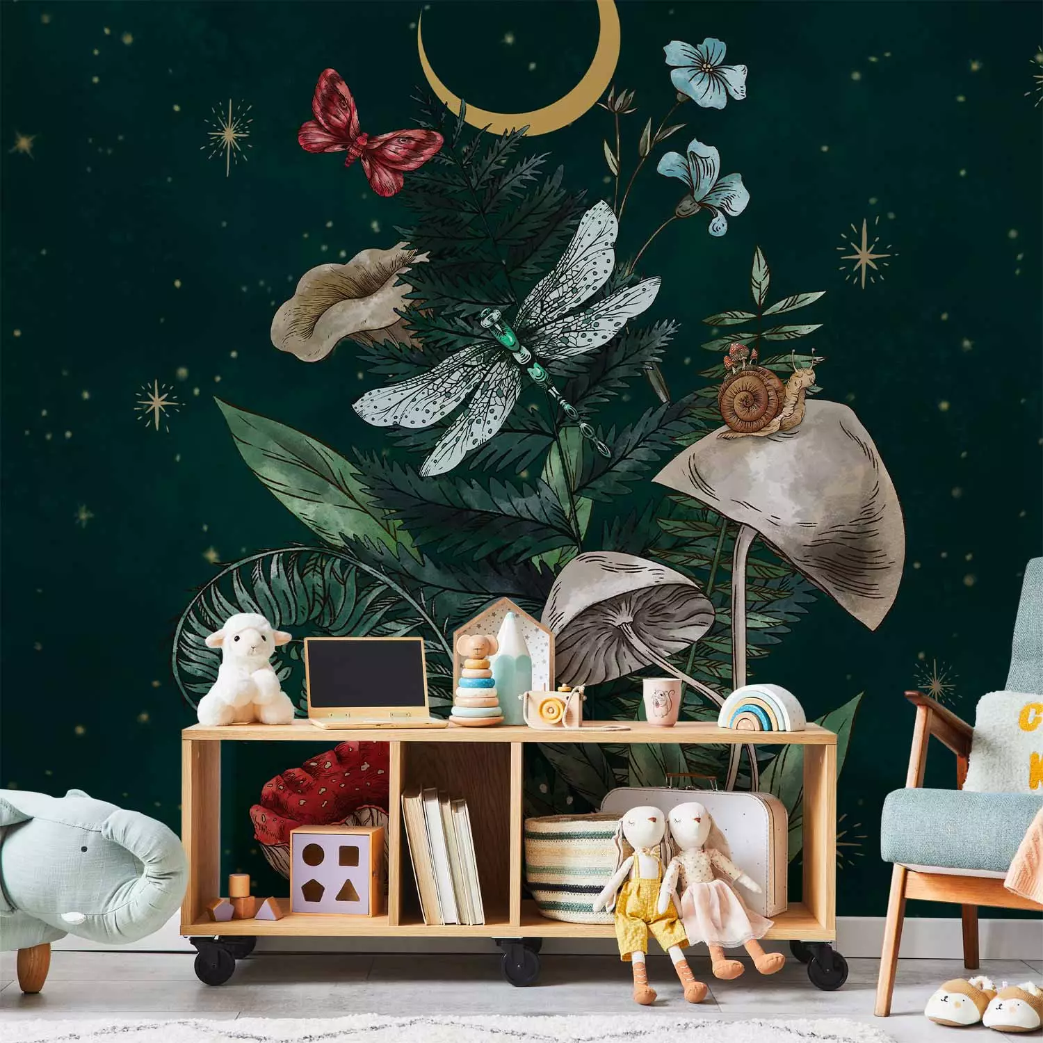Photo Wallpaper Nature of the Forest - Moon, Mushrooms, Plants and Animals Against the Background of Stars