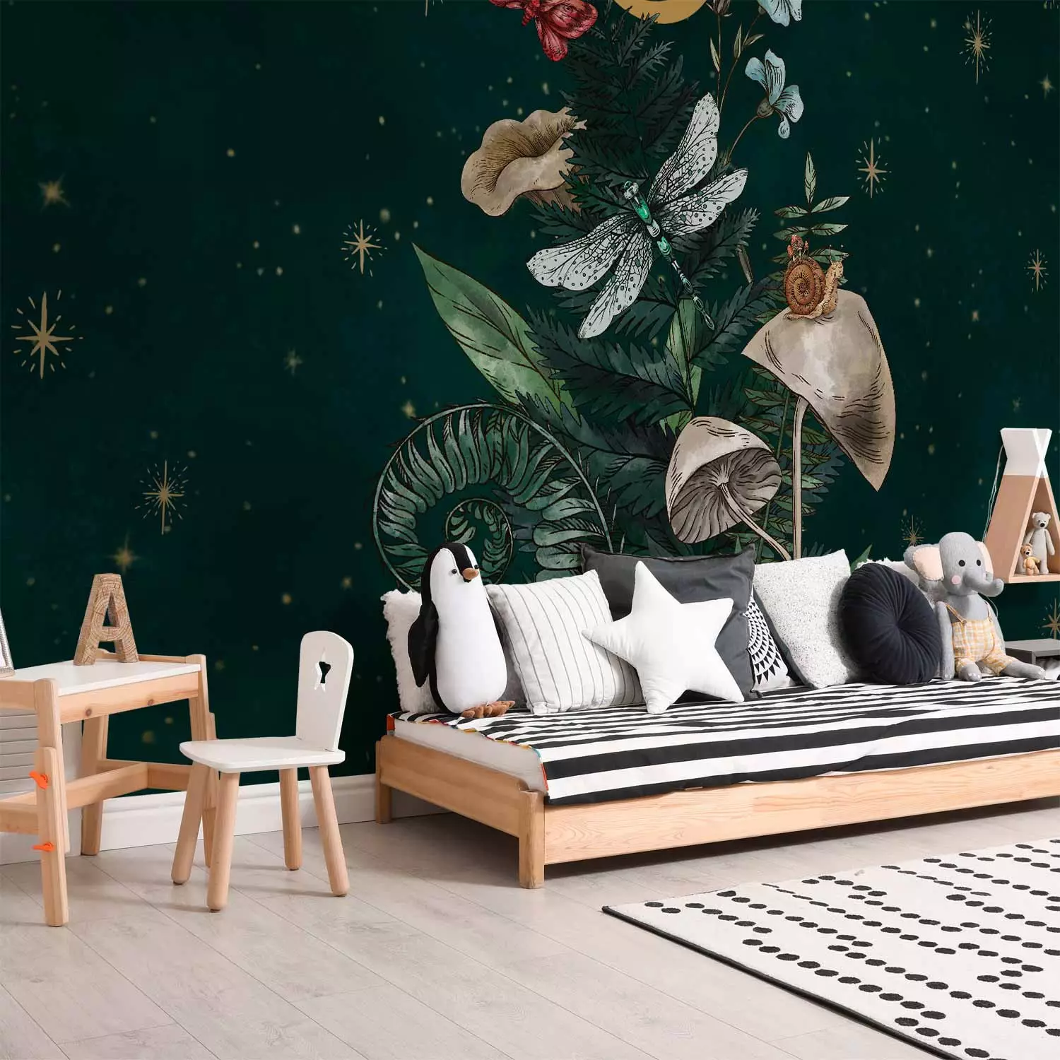 Photo Wallpaper Nature of the Forest - Moon, Mushrooms, Plants and Animals Against the Background of Stars