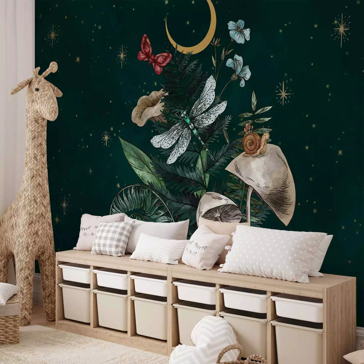 Photo Wallpaper Nature of the Forest - Moon, Mushrooms, Plants and Animals Against the Background of Stars