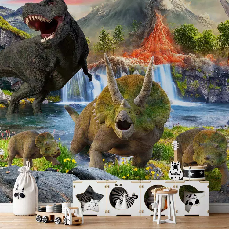 Photo Wallpaper Realistic Dinosaurs - Reptiles Against the Backdrop of a  Landscape With a Volcano and a Waterfall - bimago