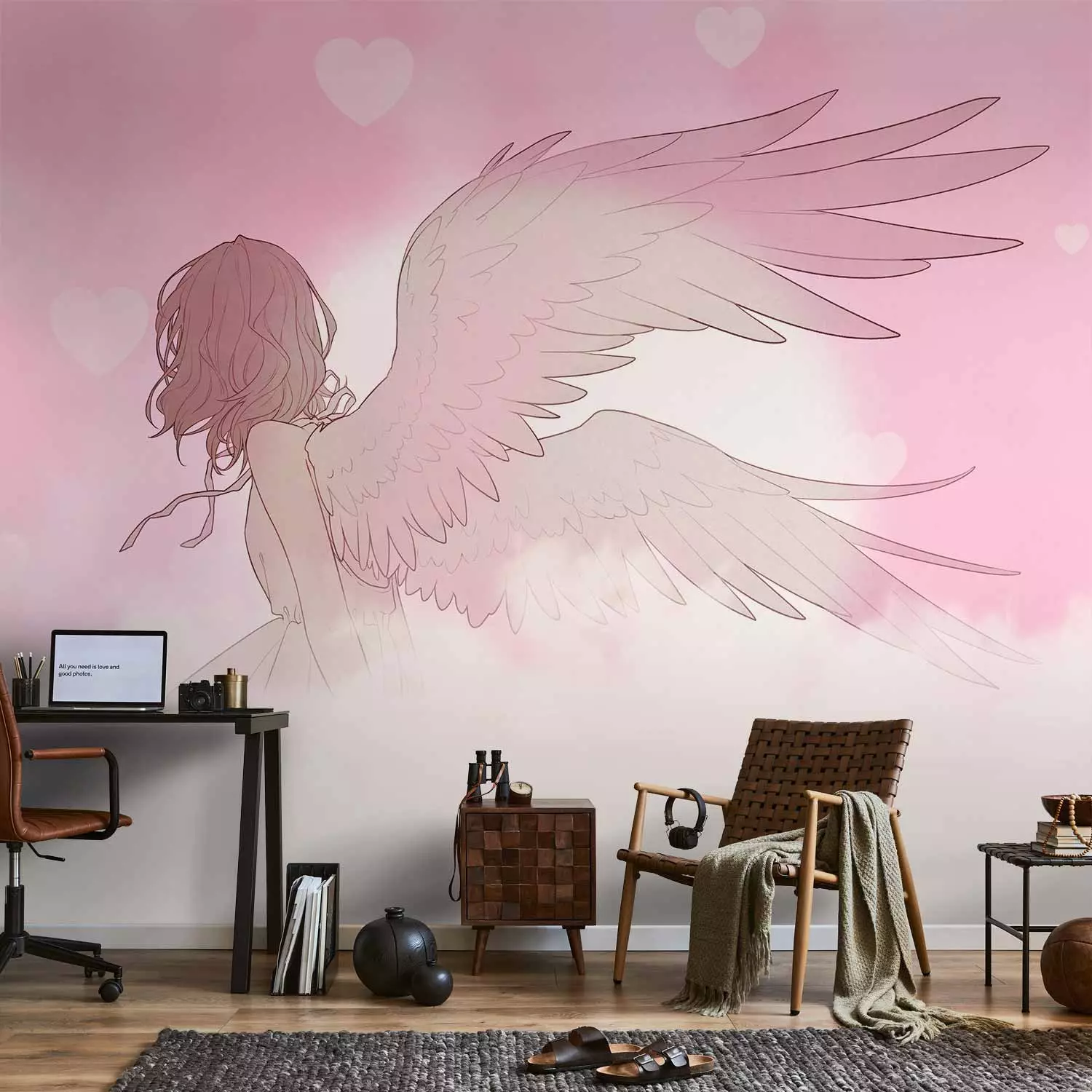 Photo Wallpaper Japanese Angel - Girl in the Clouds With Manga Style Wings