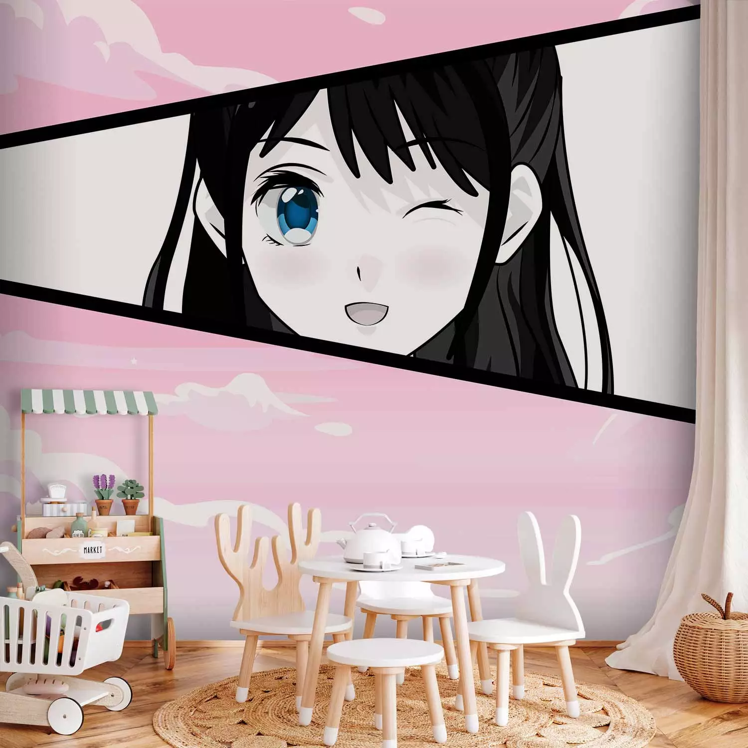 Photo Wallpaper Manga Style Girl - Comic Book Character Against a Pink Sky Background
