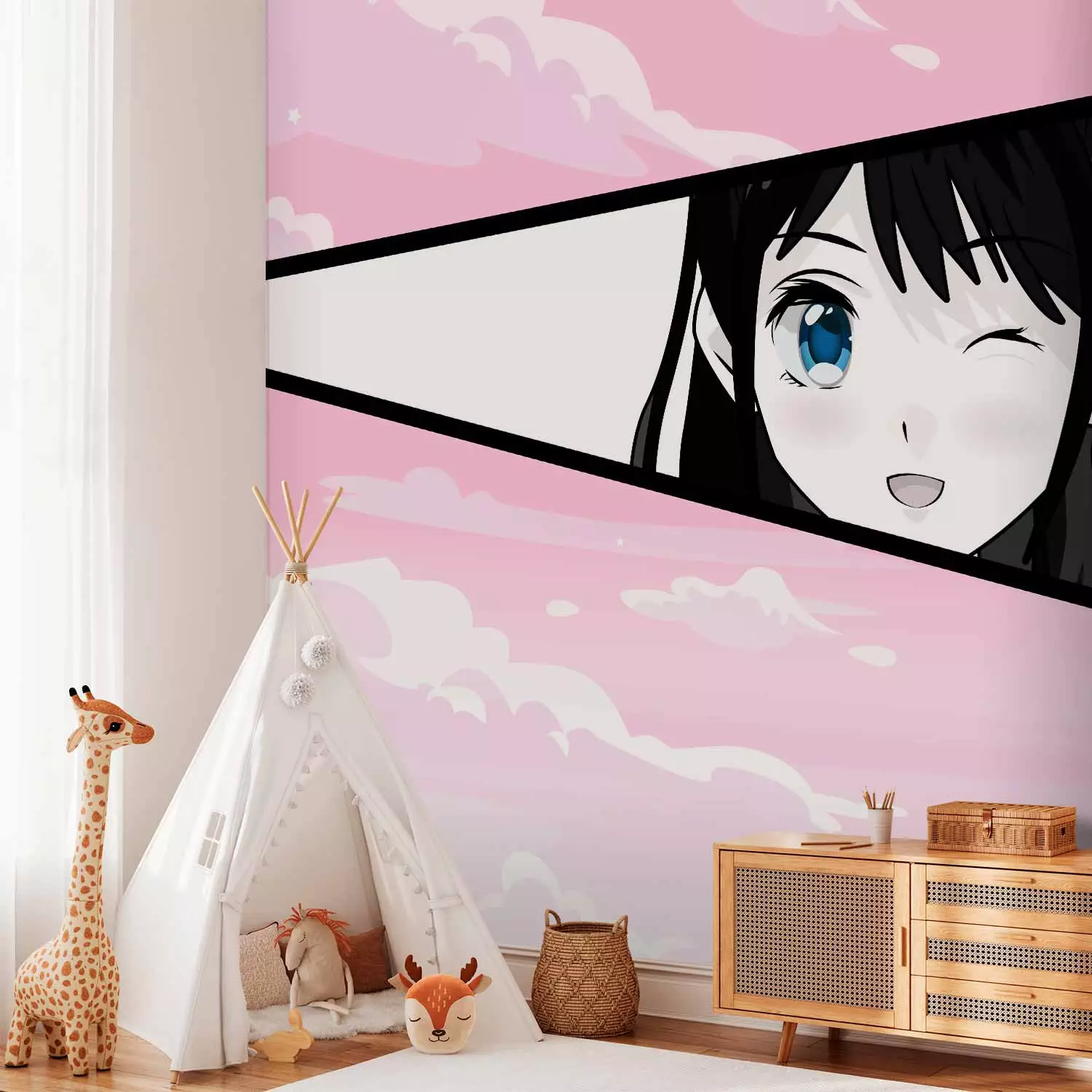 Photo Wallpaper Manga Style Girl - Comic Book Character Against a Pink Sky Background