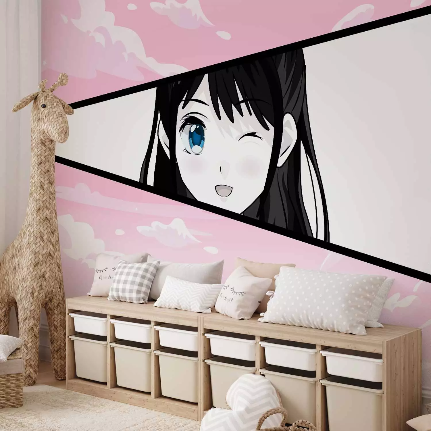 Photo Wallpaper Manga Style Girl - Comic Book Character Against a Pink Sky Background