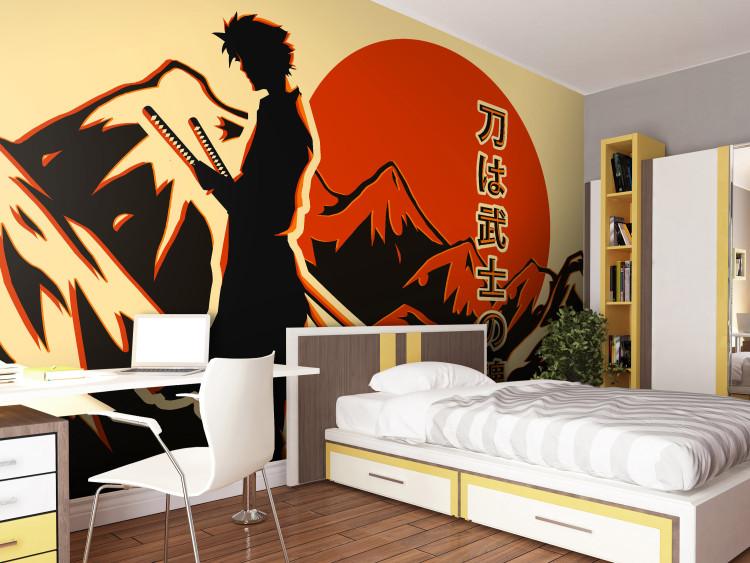 Wall Mural Lonely Samurai - Japanese Inscription, Mountain Landscape and Anime Character