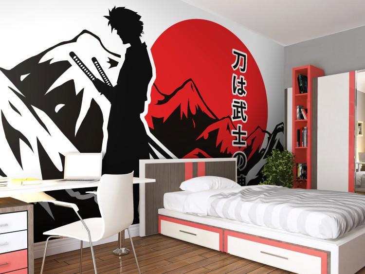 Wall Mural Lonely Samurai - Mountain Landscape, Japanese Inscription and Anime Character