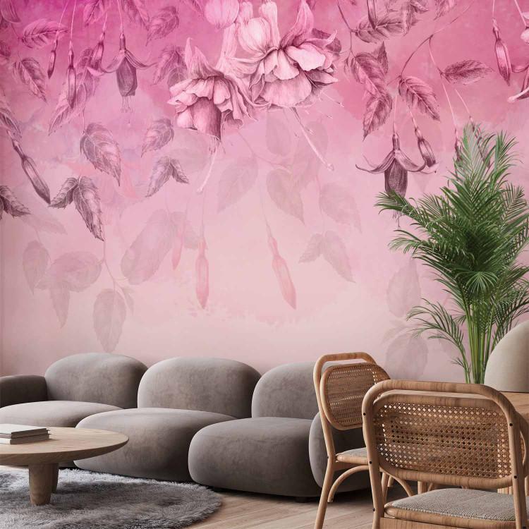 Wall Mural Fuchsia Flowers - Watercolor Dense Climbers of Pink Plants and Leaves