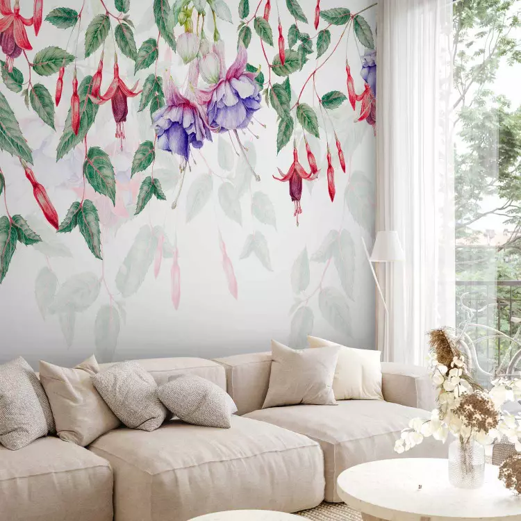Wall Mural Fuchsia Flowers - Watercolor Dense Climbers of Colorful Plants and Leaves