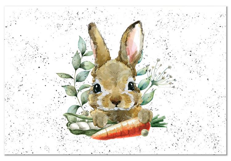 Canvas Rabbit With a Carrot - Painted Hare With Vegetables on a Speckled Background
