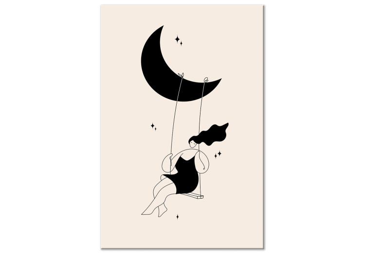 Canvas Rest - Girl Swinging on the Moon Surrounded by Black Stars