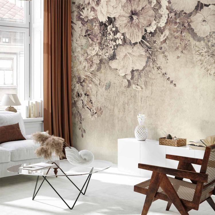 Wall Mural Blooming - Drawing of Different Kinds of Flowers on the Wall - Beige
