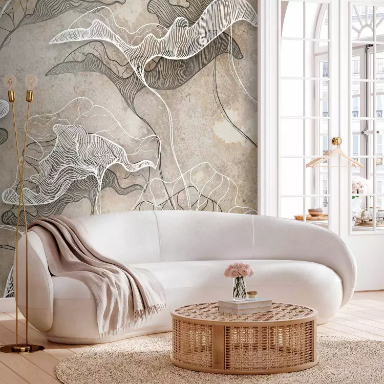 Drawn Nature - White Lineart Leaves Casting Shadow on the Beige Wall