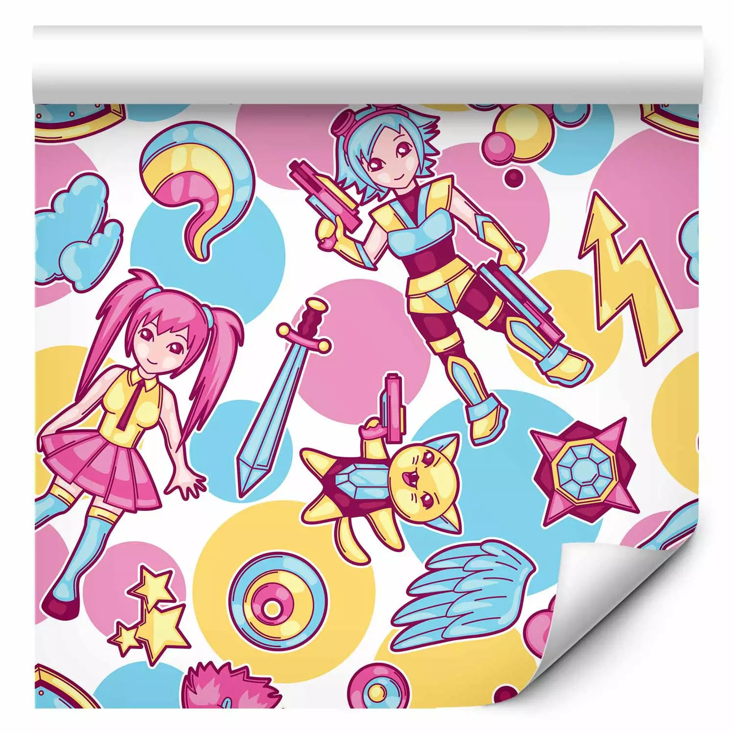 Wallpaper Kawaii - Colorful Characters from an Animated Fairy Tale on a Colored Background