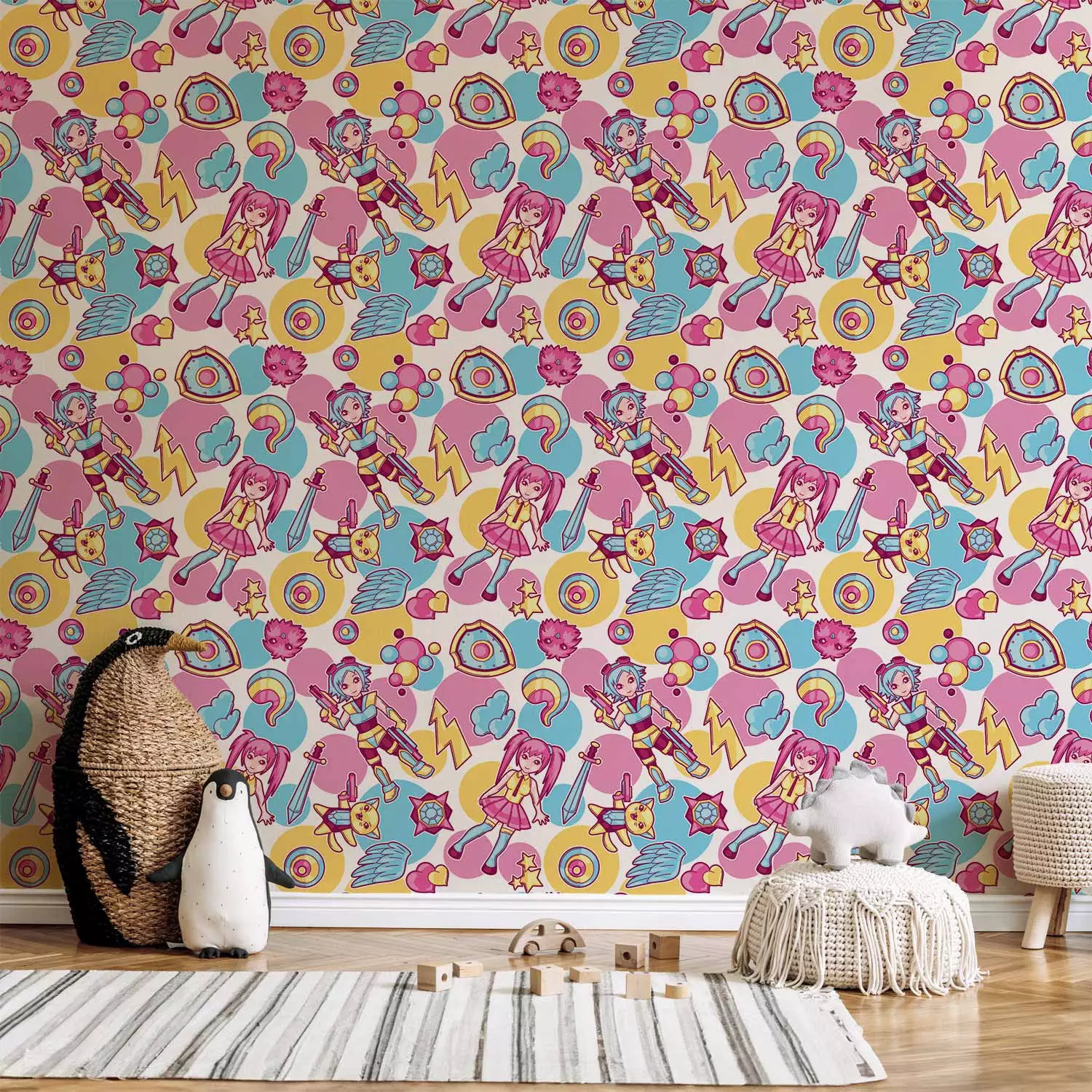 Wallpaper Kawaii - Colorful Characters from an Animated Fairy Tale on a Colored Background