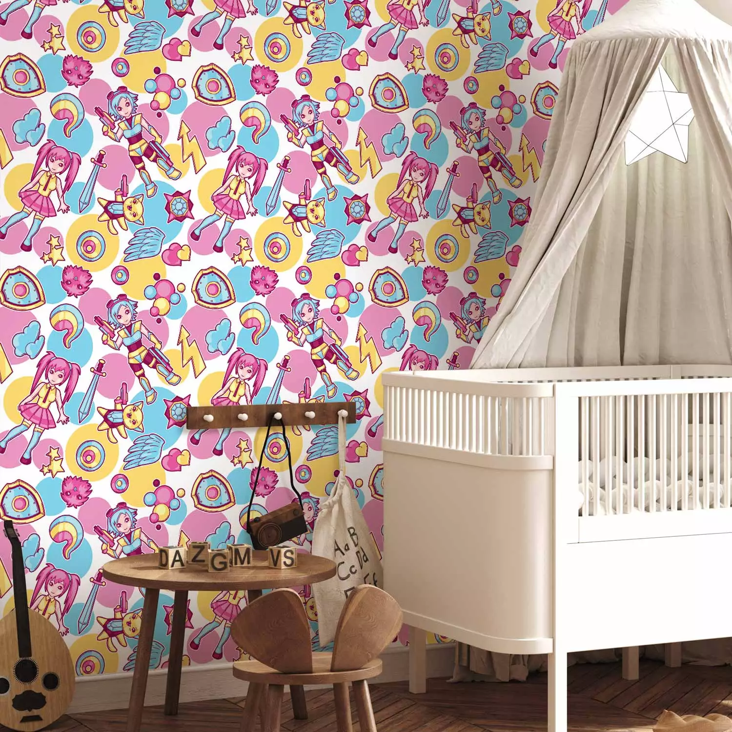 Wallpaper Kawaii - Colorful Characters from an Animated Fairy Tale on a Colored Background
